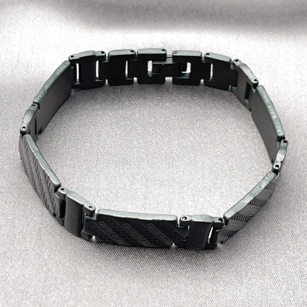 Stainless Steel Solid Bracelet, Greek Key Design, Polished, Black Rhodium Finish