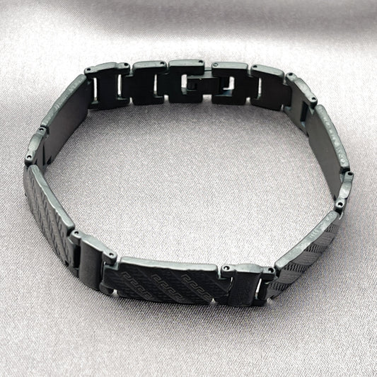 Stainless Steel Solid Bracelet, Greek Key Design, Polished, Black Rhodium Finish