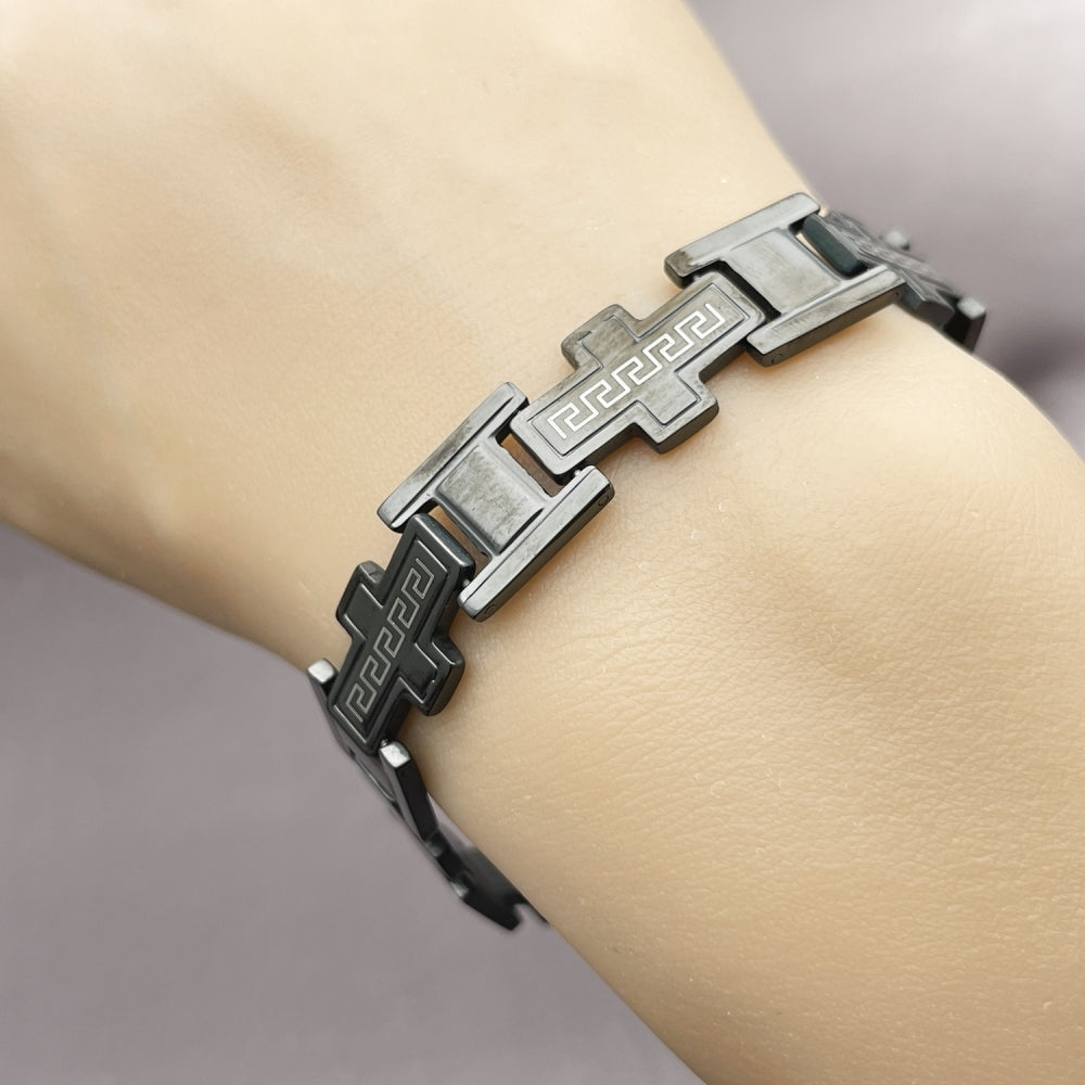 Stainless Steel Solid Bracelet, Greek Key and Cross Design, Polished, Black Rhodium Finish