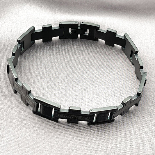 Stainless Steel Solid Bracelet, Greek Key and Cross Design, Polished, Black Rhodium Finish