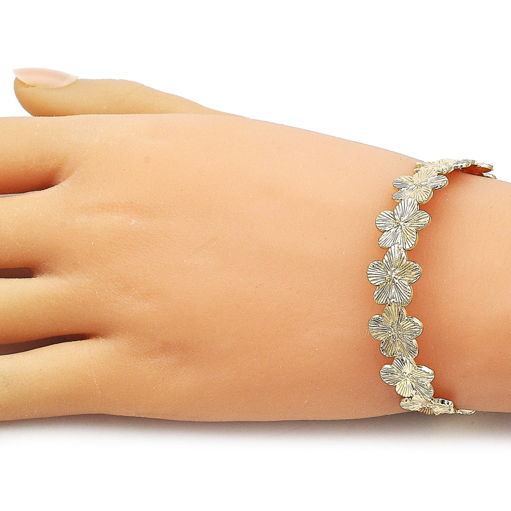 Oro Laminado Individual Bangle, Gold Filled Style Flower Design, Diamond Cutting Finish, Golden Finish