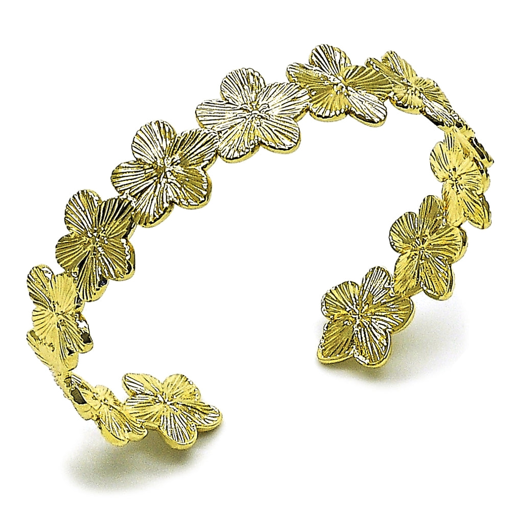 Oro Laminado Individual Bangle, Gold Filled Style Flower Design, Diamond Cutting Finish, Golden Finish
