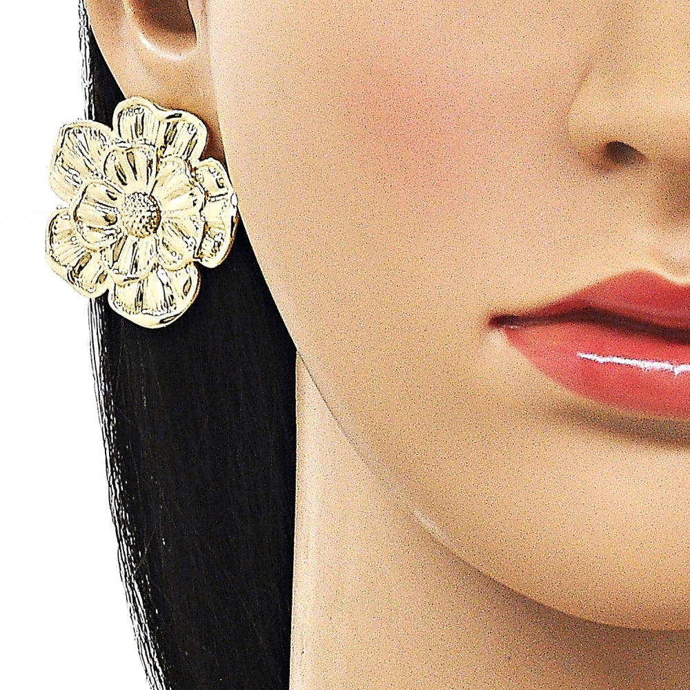 Oro Laminado Stud Earring, Gold Filled Style Flower Design, Diamond Cutting Finish, Golden Finish
