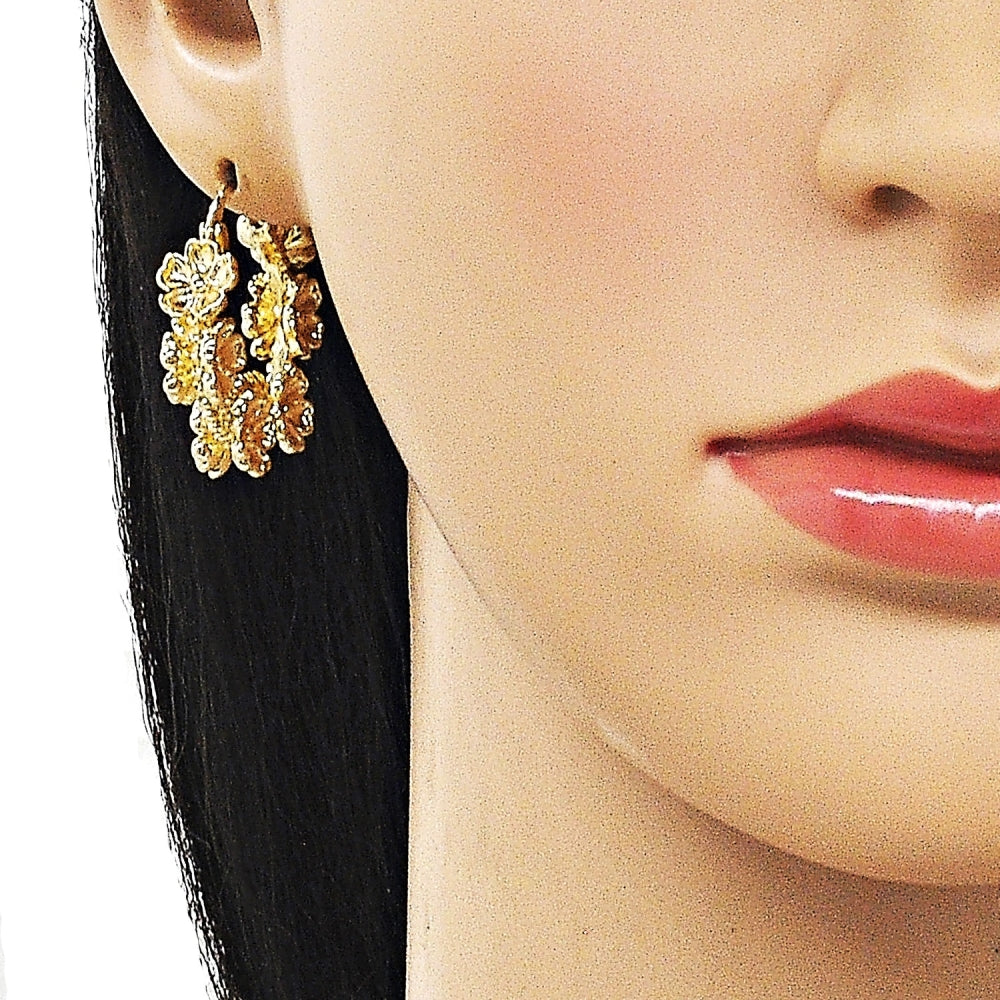 Oro Laminado Medium Hoop, Gold Filled Style Flower Design, Polished, Golden Finish