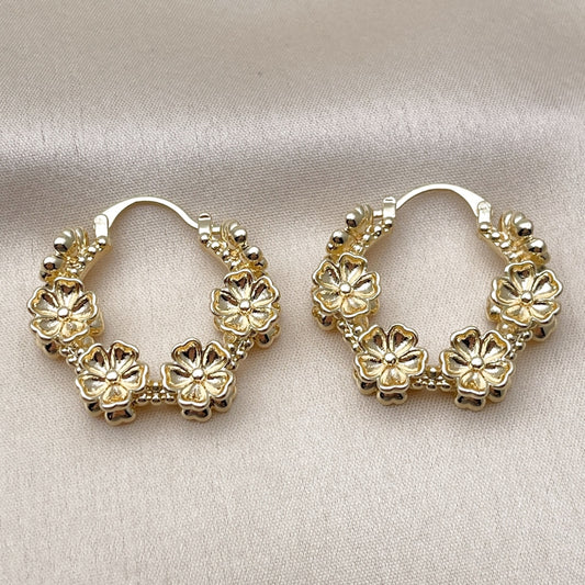 Oro Laminado Medium Hoop, Gold Filled Style Flower Design, Polished, Golden Finish
