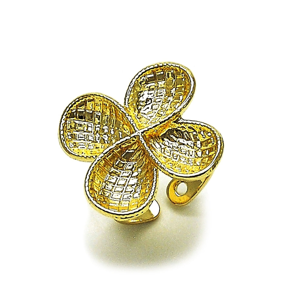 Oro Laminado Elegant Ring, Gold Filled Style Four-leaf Clover Design, Diamond Cutting Finish, Golden Finish