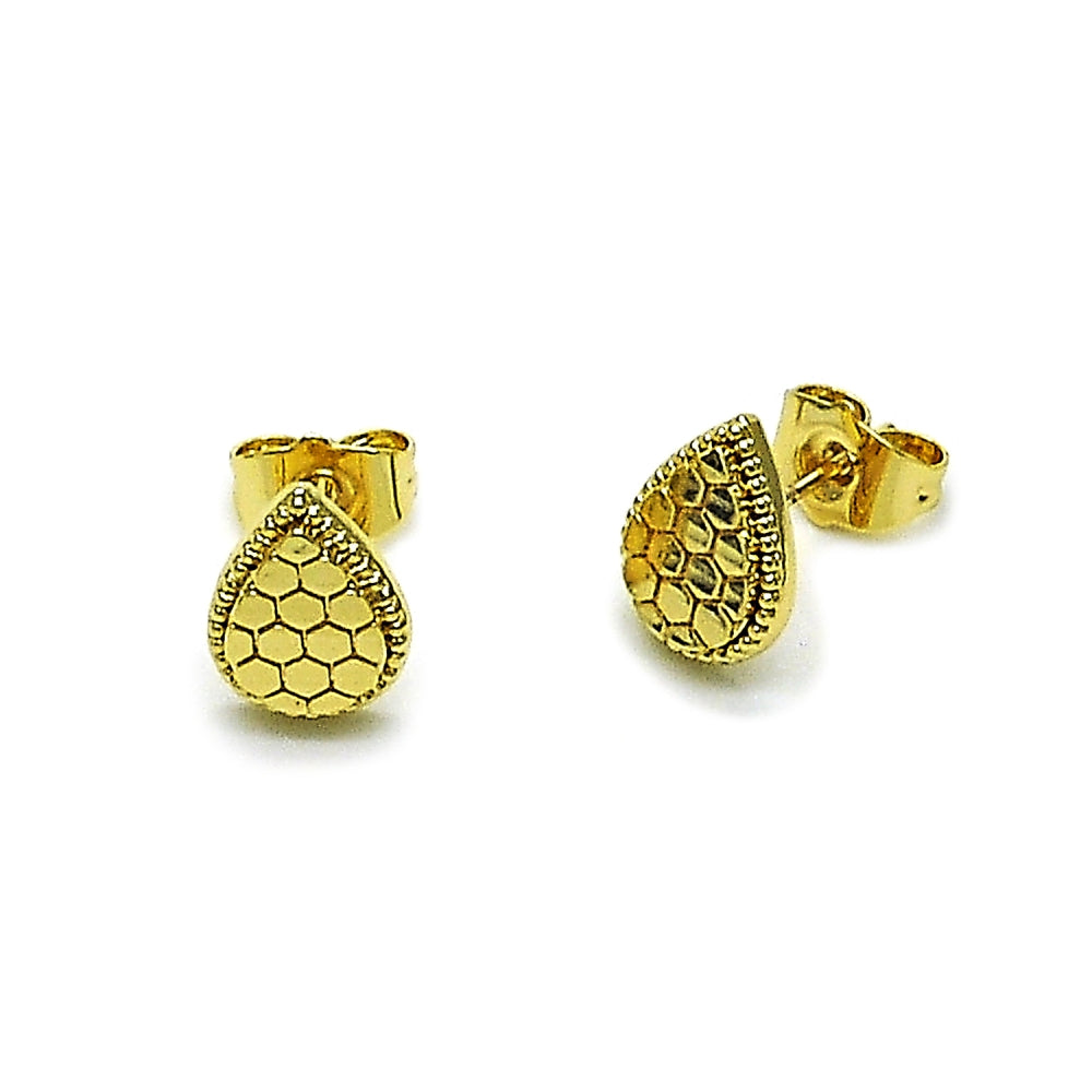 Oro Laminado Stud Earring, Gold Filled Style Teardrop Design, Diamond Cutting Finish, Golden Finish