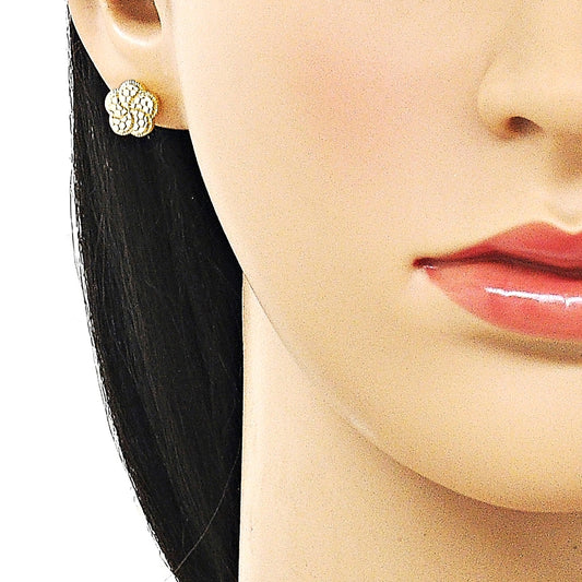 Oro Laminado Stud Earring, Gold Filled Style Flower Design, Diamond Cutting Finish, Golden Finish
