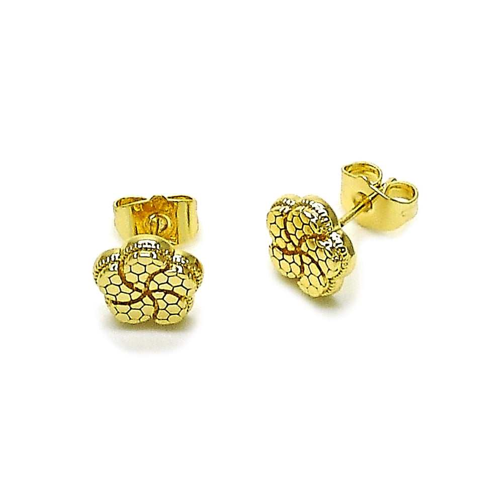 Oro Laminado Stud Earring, Gold Filled Style Flower Design, Diamond Cutting Finish, Golden Finish
