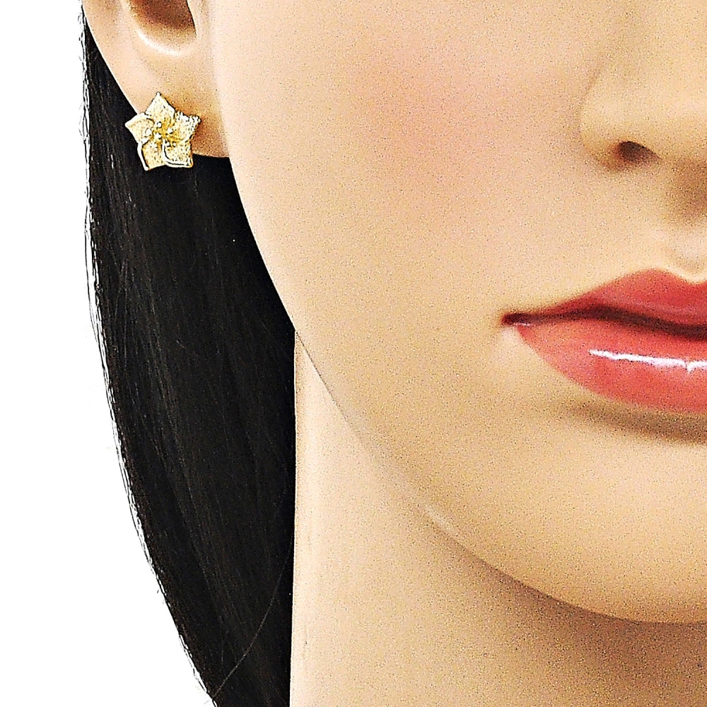 Oro Laminado Stud Earring, Gold Filled Style Flower Design, Matte Finish, Golden Finish