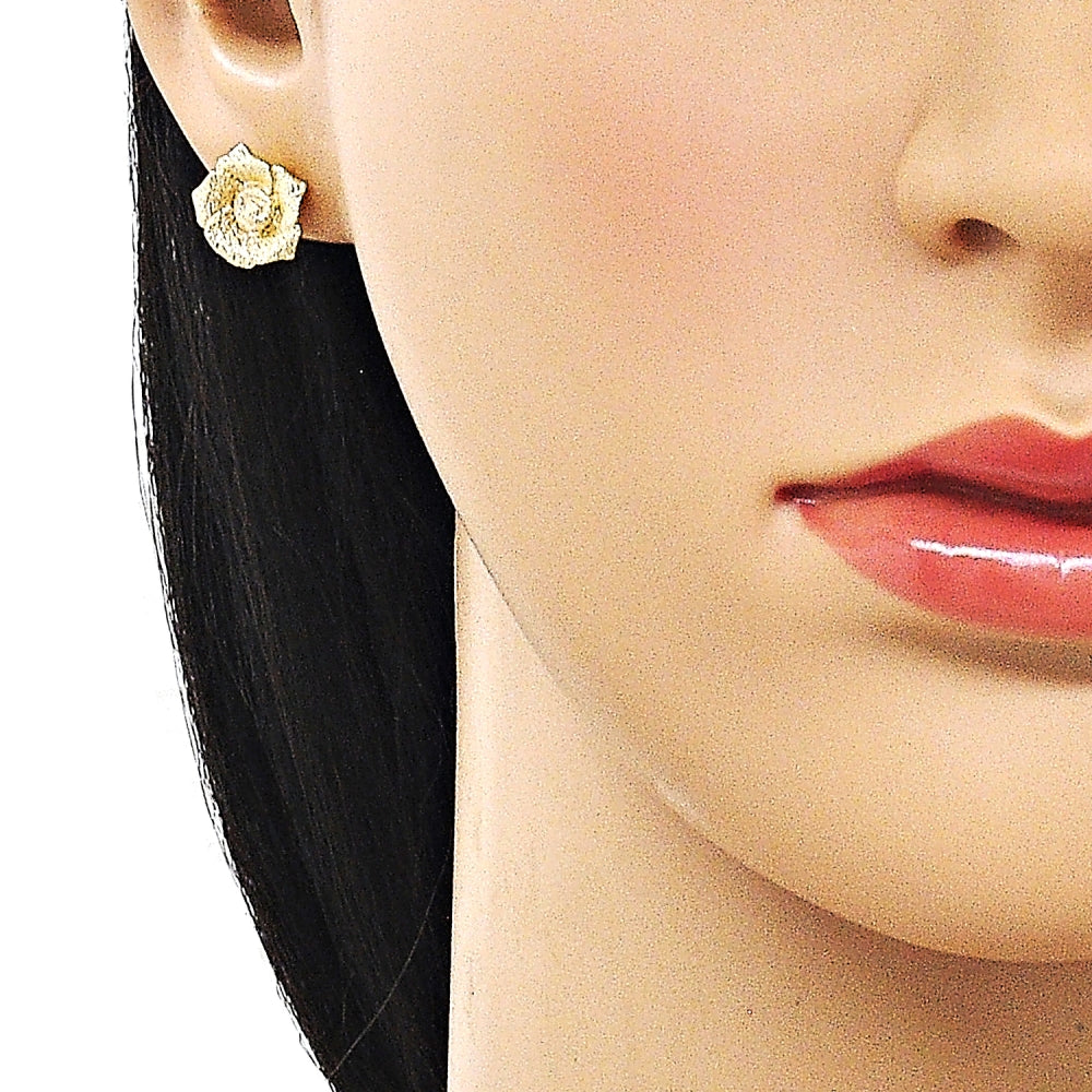 Oro Laminado Stud Earring, Gold Filled Style Flower Design, Matte Finish, Golden Finish