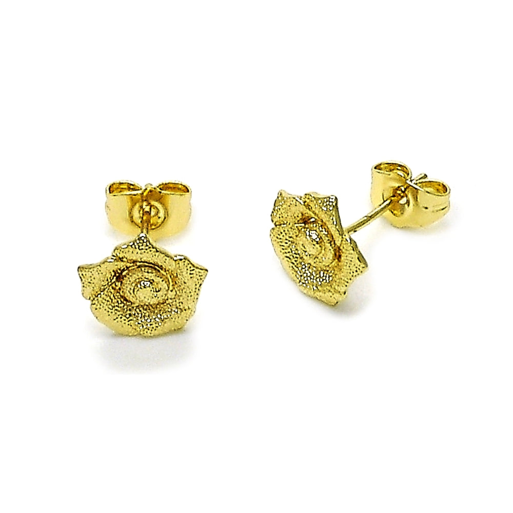 Oro Laminado Stud Earring, Gold Filled Style Flower Design, Matte Finish, Golden Finish
