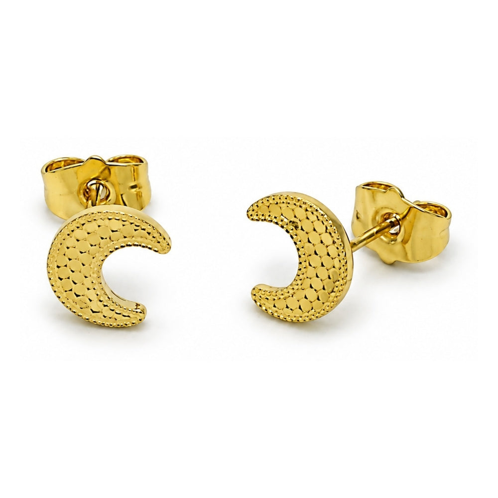 Oro Laminado Stud Earring, Gold Filled Style Moon Design, Diamond Cutting Finish, Golden Finish