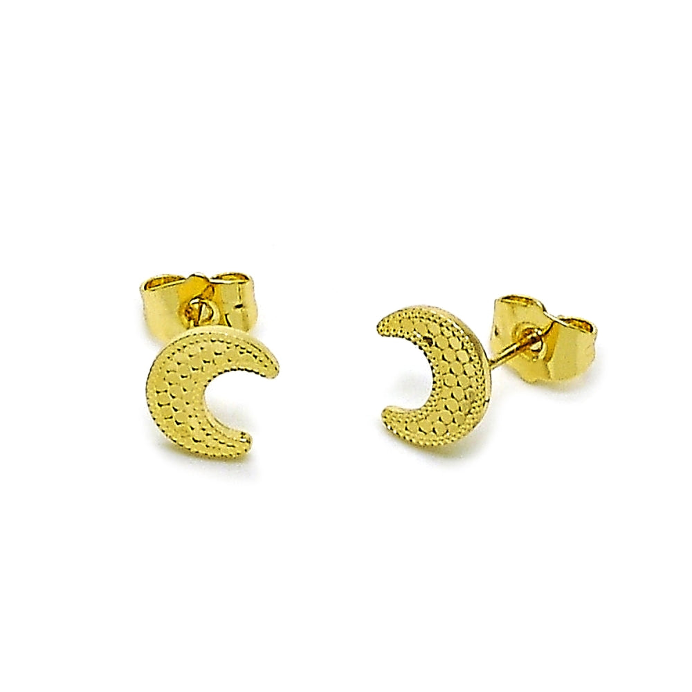Oro Laminado Stud Earring, Gold Filled Style Moon Design, Diamond Cutting Finish, Golden Finish