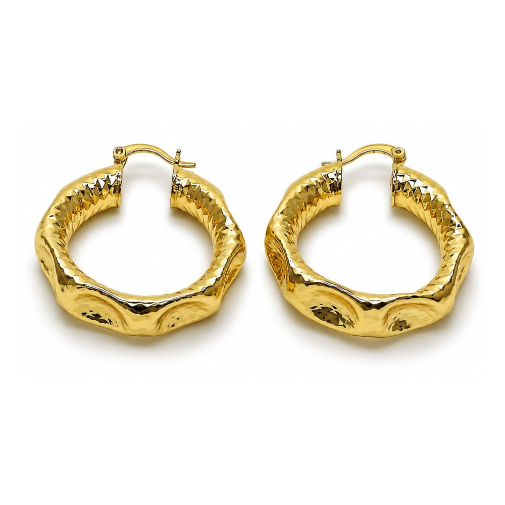 Oro Laminado Medium Hoop, Gold Filled Style Hollow Design, Diamond Cutting Finish, Golden Finish