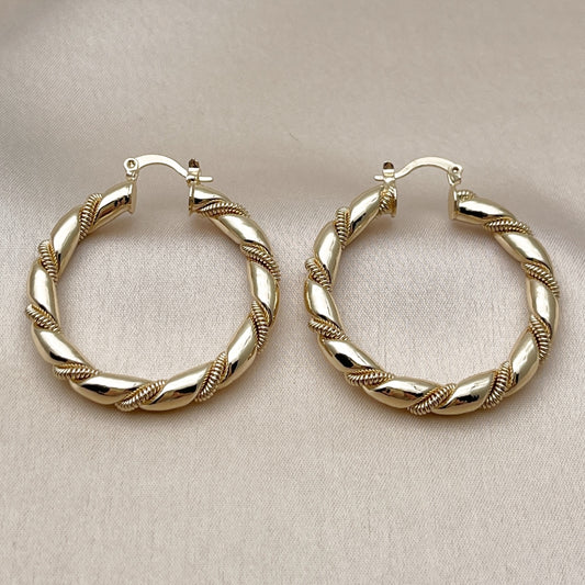 Oro Laminado Medium Hoop, Gold Filled Style Hollow and Twist Design, Polished, Golden Finish