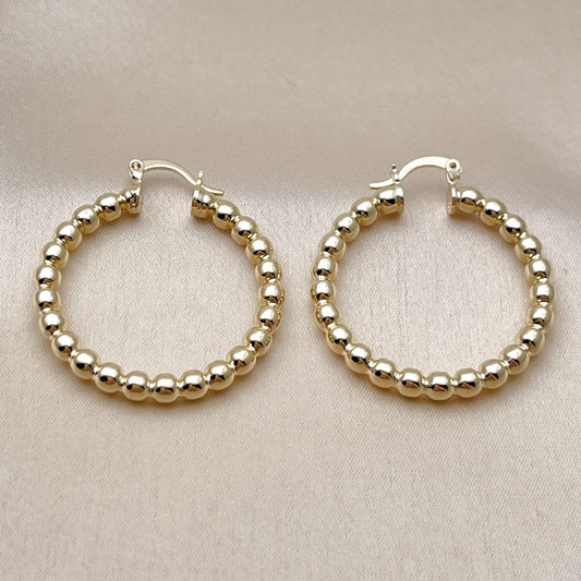 Oro Laminado Small Hoop, Gold Filled Style Hollow and Ball Design, Polished, Golden Finish