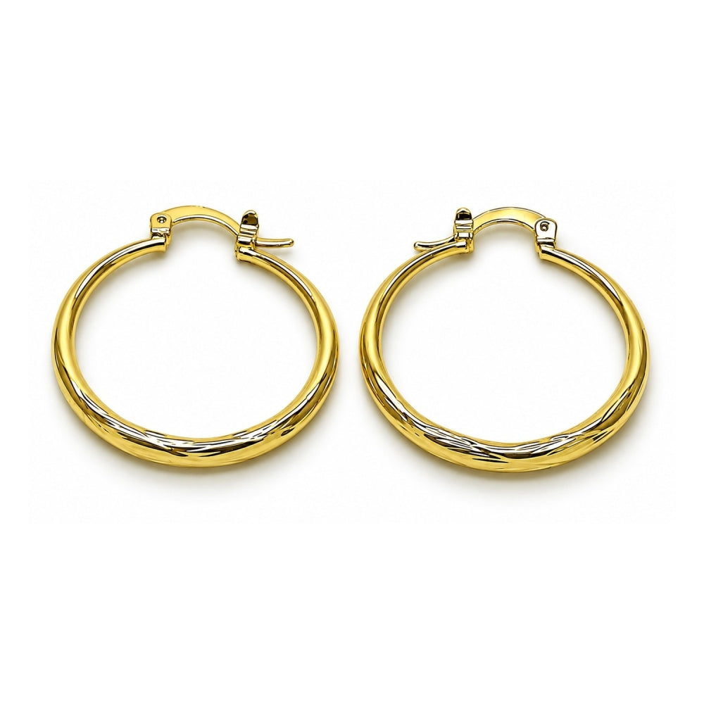 Oro Laminado Medium Hoop, Gold Filled Style Hollow Design, Diamond Cutting Finish, Golden Finish