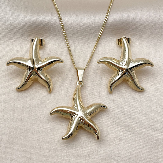 Oro Laminado Earring and Pendant Adult Set, Gold Filled Style Star and Hollow Design, Polished, Golden Finish