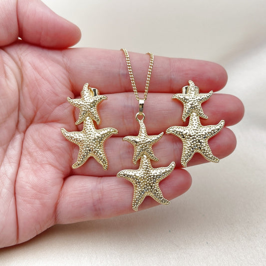 Oro Laminado Earring and Pendant Adult Set, Gold Filled Style Star Design, Matte Finish, Golden Finish