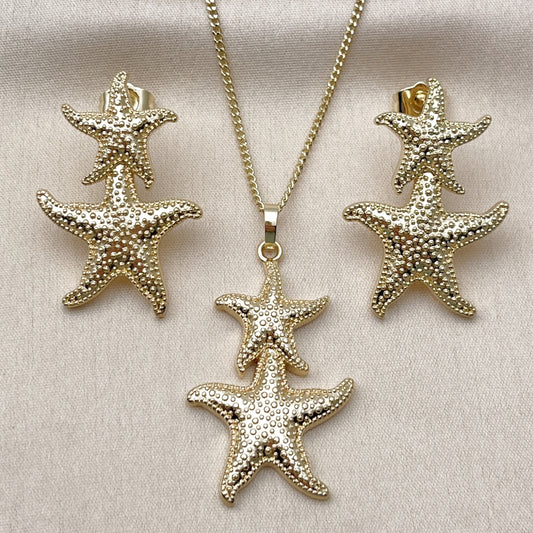 Oro Laminado Earring and Pendant Adult Set, Gold Filled Style Star Design, Matte Finish, Golden Finish