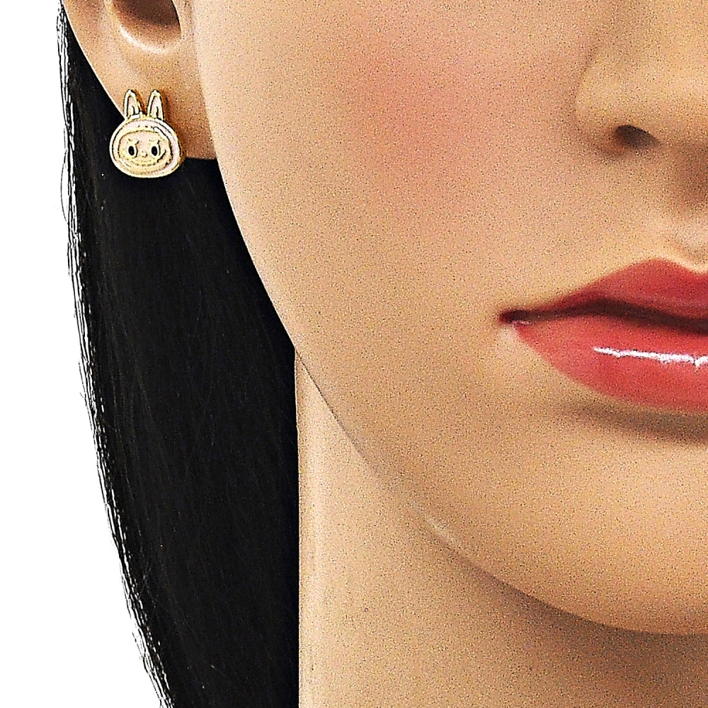 Oro Laminado Stud Earring, Gold Filled Style Pink Enamel Finish, Golden Finish