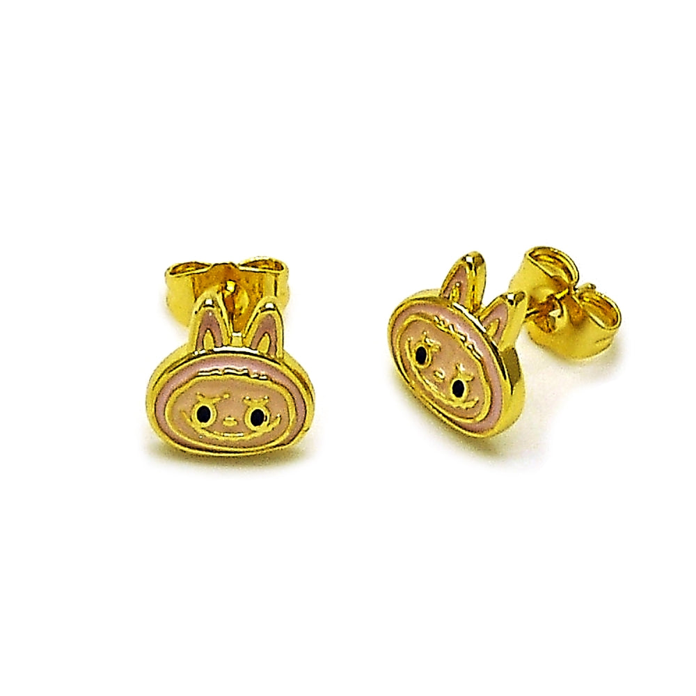 Oro Laminado Stud Earring, Gold Filled Style Pink Enamel Finish, Golden Finish