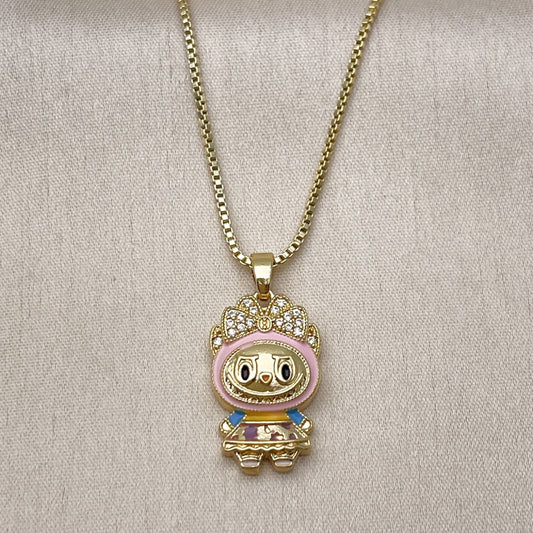 Oro Laminado Pendant Necklace, Gold Filled Style Box and Bow Design, with White Cubic Zirconia, Dark Pink Enamel Finish, Golden Finish