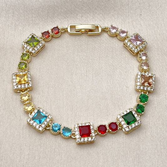 Oro Laminado Tennis Bracelet, Gold Filled Style Cluster Design, with Multicolor and White Cubic Zirconia, Polished, Golden Finish