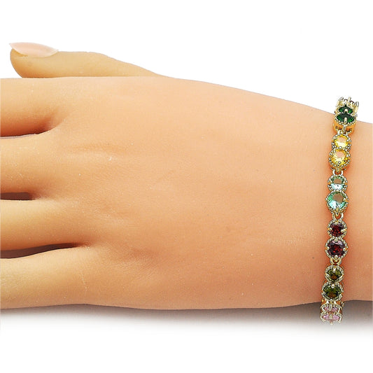 Oro Laminado Tennis Bracelet, Gold Filled Style with Multicolor Cubic Zirconia, Polished, Golden Finish
