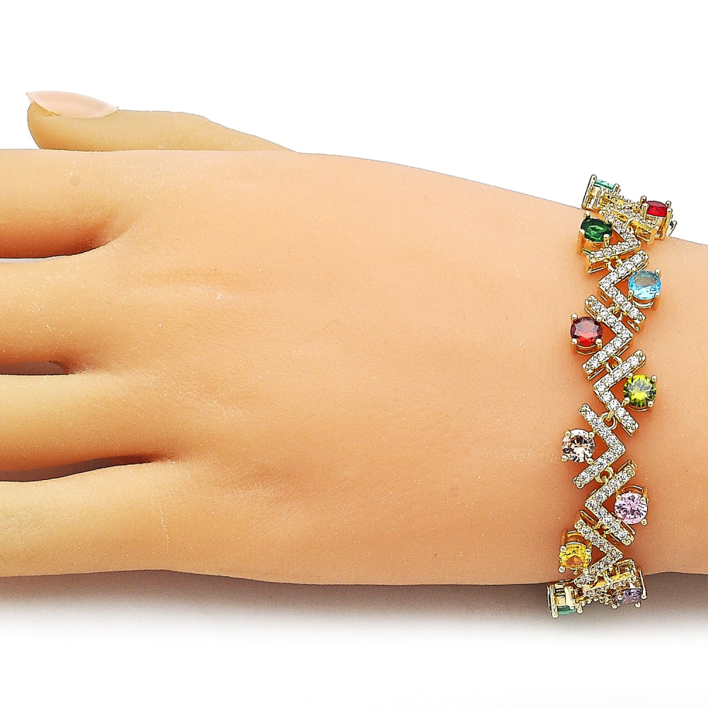 Oro Laminado Tennis Bracelet, Gold Filled Style Cluster Design, with Multicolor and White Cubic Zirconia, Polished, Golden Finish