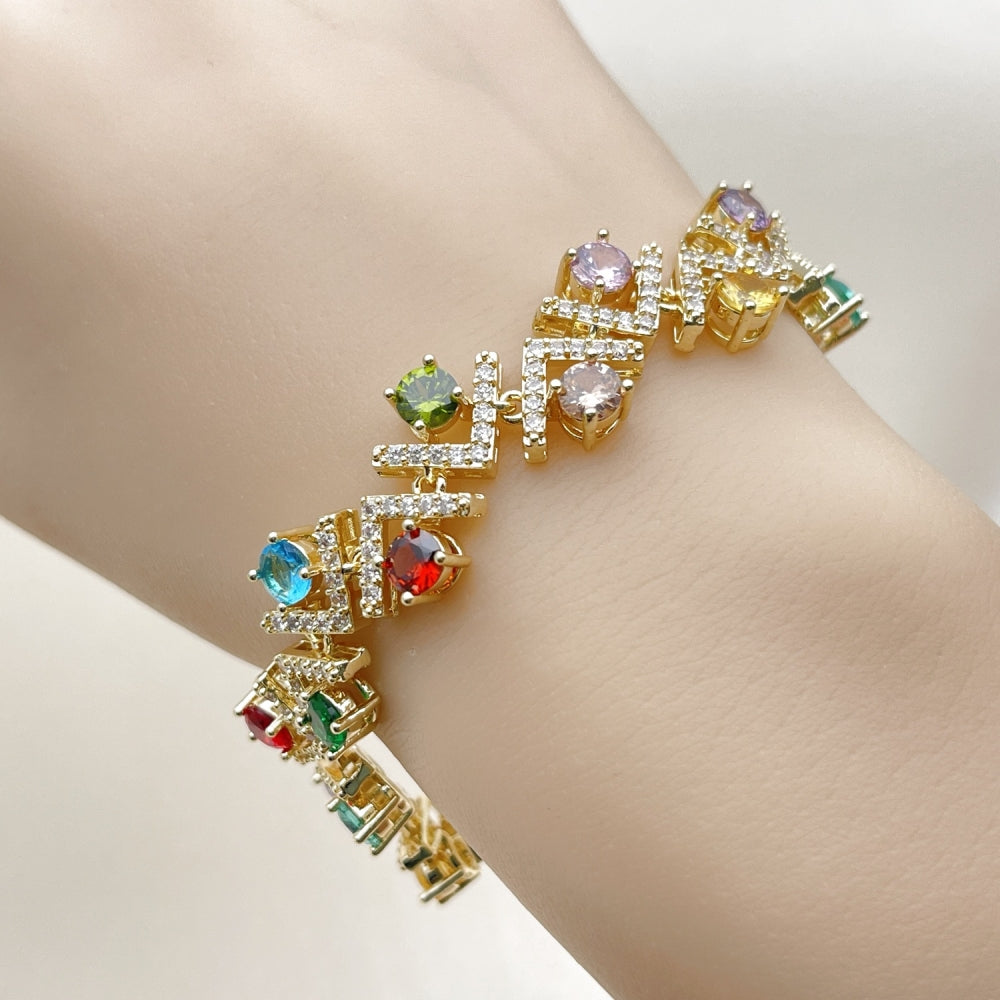 Oro Laminado Tennis Bracelet, Gold Filled Style Cluster Design, with Multicolor and White Cubic Zirconia, Polished, Golden Finish