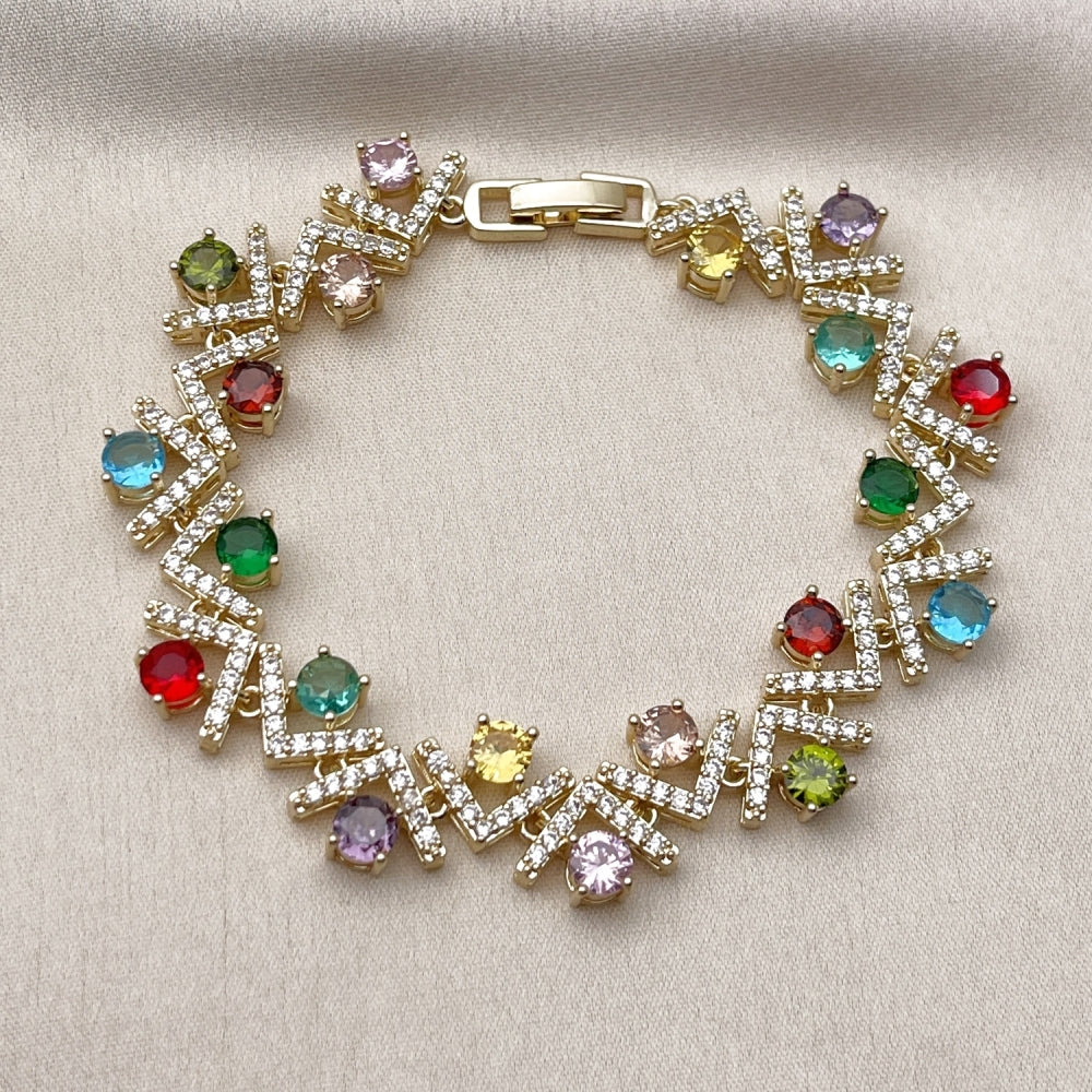 Oro Laminado Tennis Bracelet, Gold Filled Style Cluster Design, with Multicolor and White Cubic Zirconia, Polished, Golden Finish