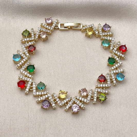 Oro Laminado Tennis Bracelet, Gold Filled Style Cluster Design, with Multicolor and White Cubic Zirconia, Polished, Golden Finish