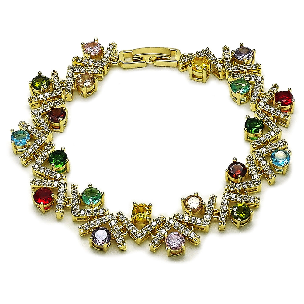 Oro Laminado Tennis Bracelet, Gold Filled Style Cluster Design, with Multicolor and White Cubic Zirconia, Polished, Golden Finish