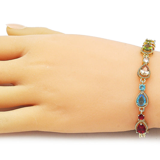 Oro Laminado Tennis Bracelet, Gold Filled Style Teardrop Design, with Multicolor Cubic Zirconia, Polished, Golden Finish