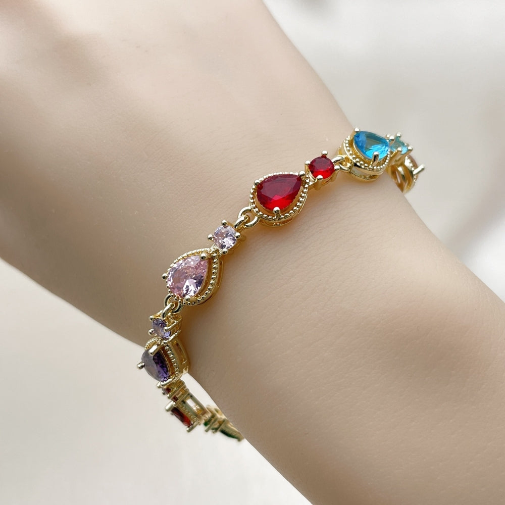 Oro Laminado Tennis Bracelet, Gold Filled Style Teardrop Design, with Multicolor Cubic Zirconia, Polished, Golden Finish