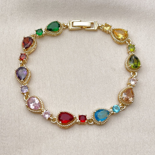 Oro Laminado Tennis Bracelet, Gold Filled Style Teardrop Design, with Multicolor Cubic Zirconia, Polished, Golden Finish
