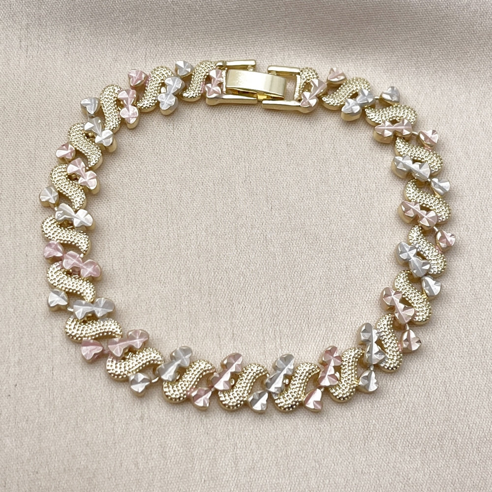 Oro Laminado Solid Bracelet, Gold Filled Style Heart Design, Diamond Cutting Finish, Tricolor
