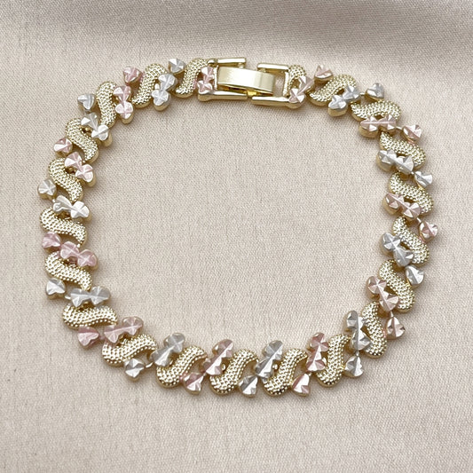 Oro Laminado Solid Bracelet, Gold Filled Style Heart Design, Diamond Cutting Finish, Tricolor