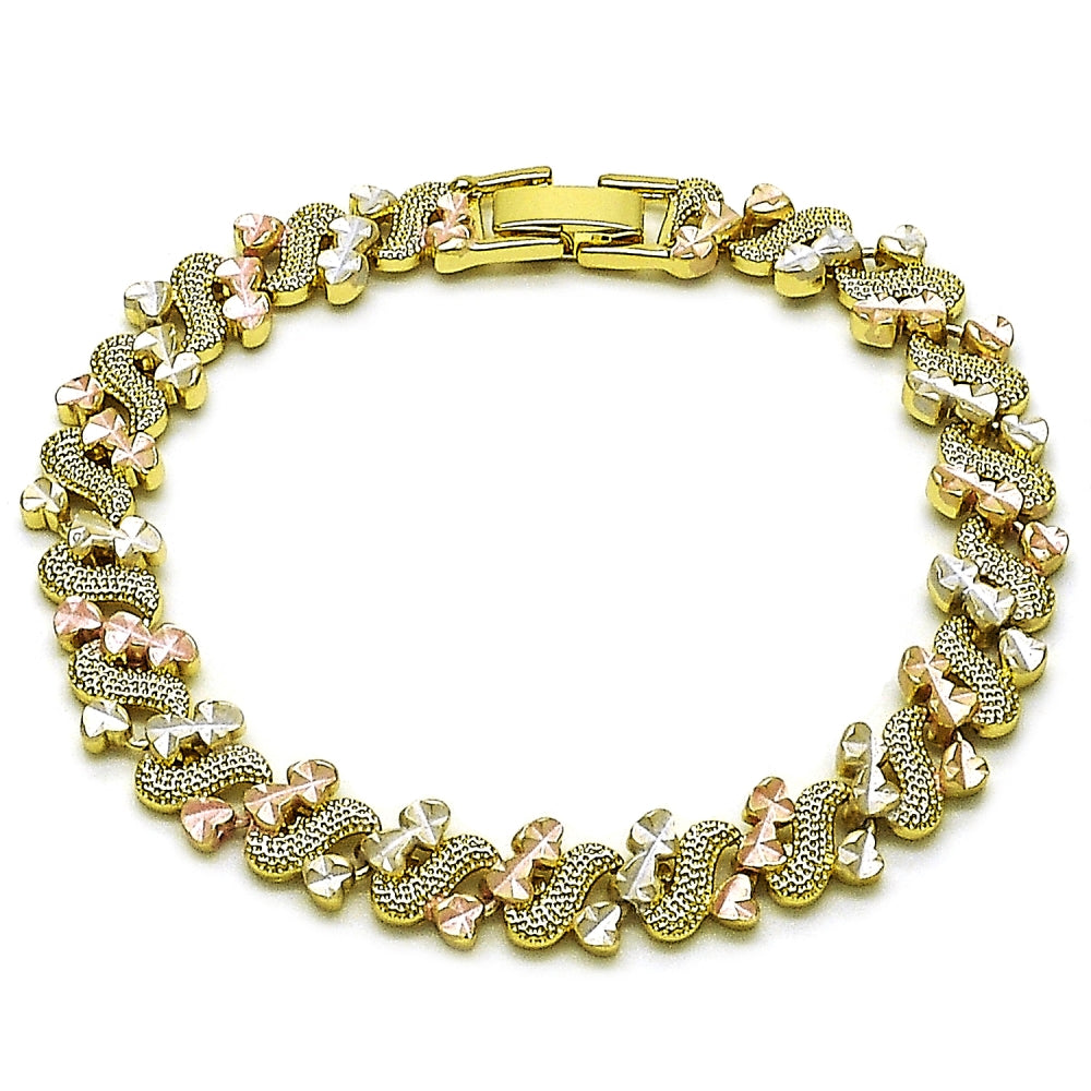 Oro Laminado Solid Bracelet, Gold Filled Style Heart Design, Diamond Cutting Finish, Tricolor