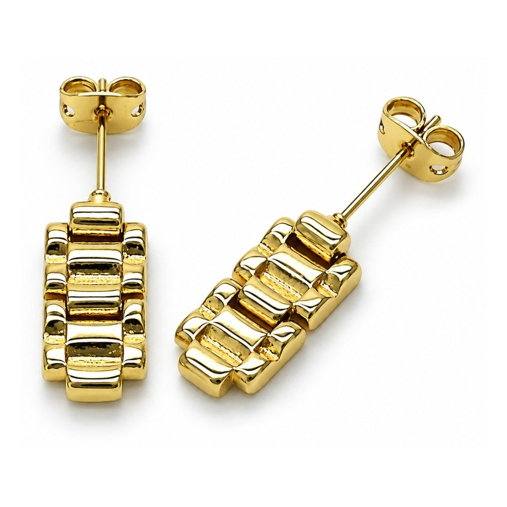 Oro Laminado Stud Earring, Gold Filled Style Belt Buckle Design, Polished, Golden Finish
