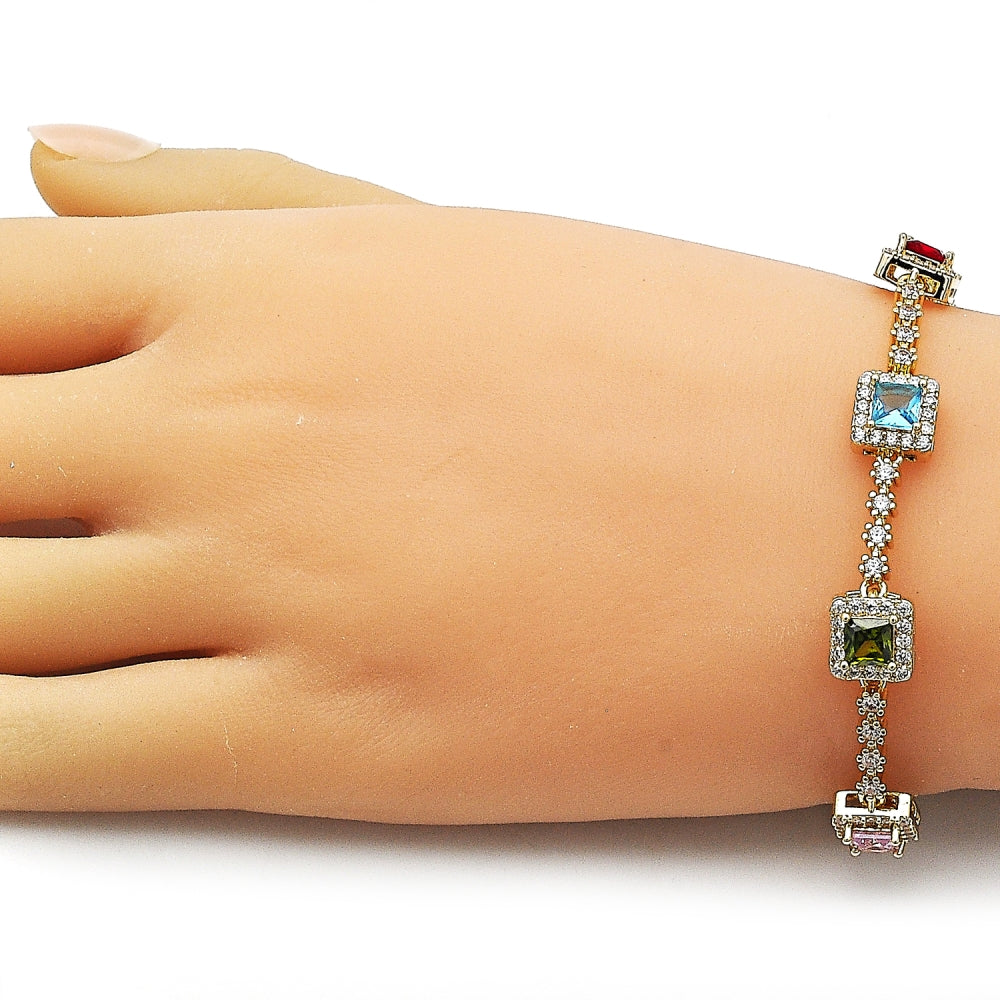 Oro Laminado Tennis Bracelet, Gold Filled Style Cluster Design, with Multicolor and White Cubic Zirconia, Polished, Golden Finish