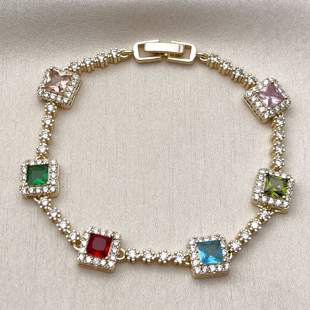 Oro Laminado Tennis Bracelet, Gold Filled Style Cluster Design, with Multicolor and White Cubic Zirconia, Polished, Golden Finish