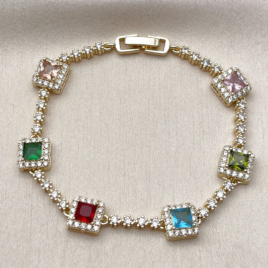 Oro Laminado Tennis Bracelet, Gold Filled Style Cluster Design, with Multicolor and White Cubic Zirconia, Polished, Golden Finish