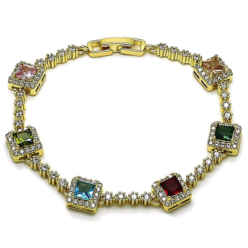 Oro Laminado Tennis Bracelet, Gold Filled Style Cluster Design, with Multicolor and White Cubic Zirconia, Polished, Golden Finish