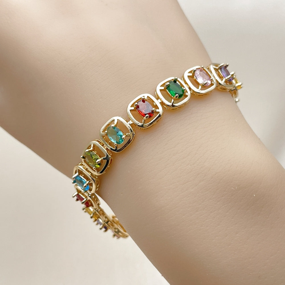 Oro Laminado Tennis Bracelet, Gold Filled Style with Multicolor Cubic Zirconia, Polished, Golden Finish
