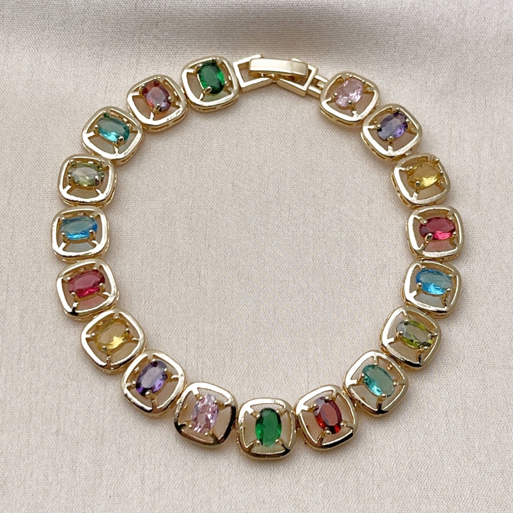 Oro Laminado Tennis Bracelet, Gold Filled Style with Multicolor Cubic Zirconia, Polished, Golden Finish