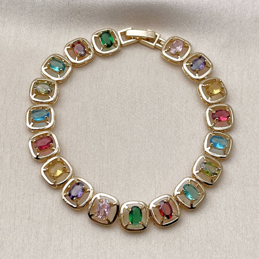 Oro Laminado Tennis Bracelet, Gold Filled Style with Multicolor Cubic Zirconia, Polished, Golden Finish