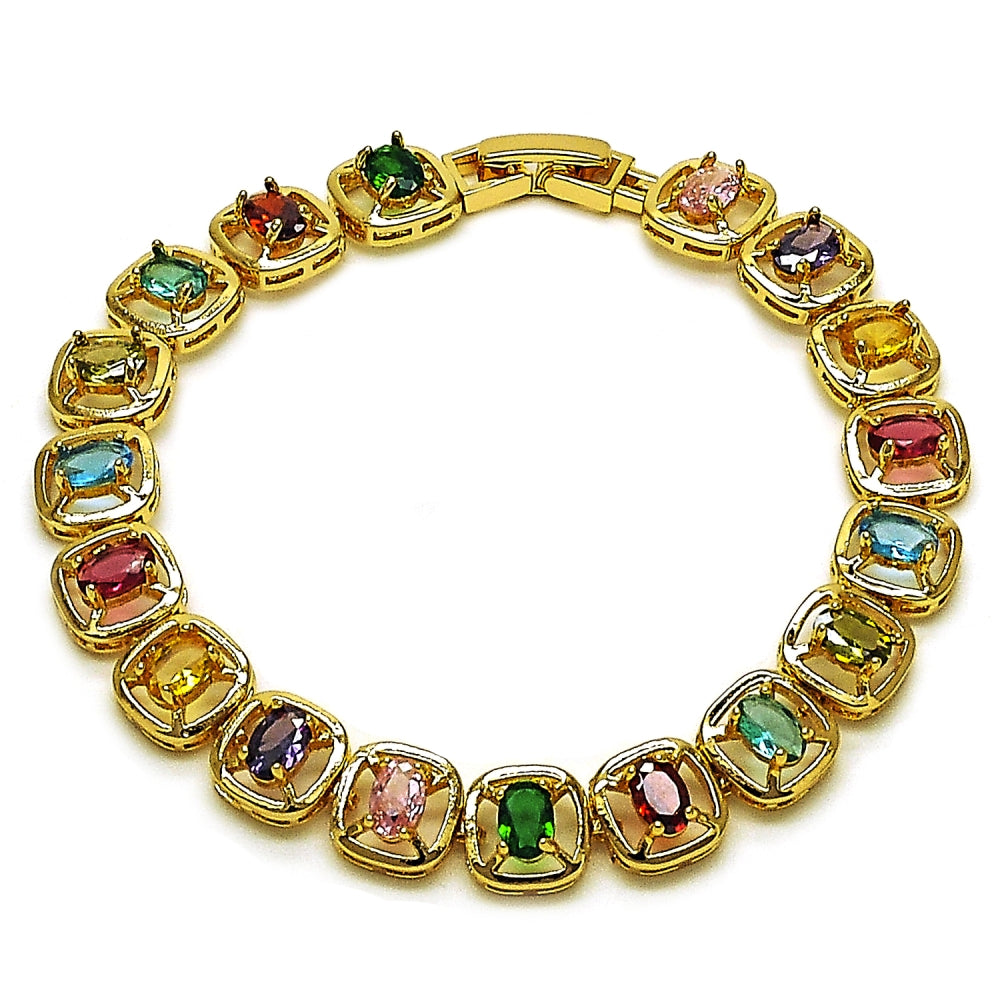 Oro Laminado Tennis Bracelet, Gold Filled Style with Multicolor Cubic Zirconia, Polished, Golden Finish